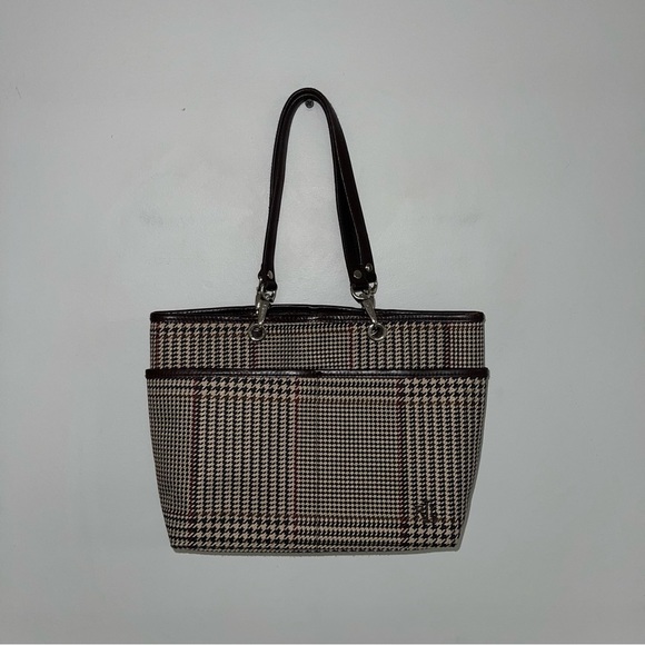 Ralph Lauren Vintage Mini Tote  Bag Beige‎ Brown Houndstooth Tartan Plaid Purse - Picture 3 of 12
